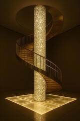 Gold Spiral Staircase Around Crystal Pillar
