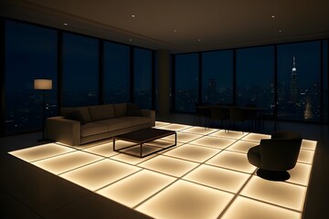 High-Rise Penthouse with Glowing Glass Floor
