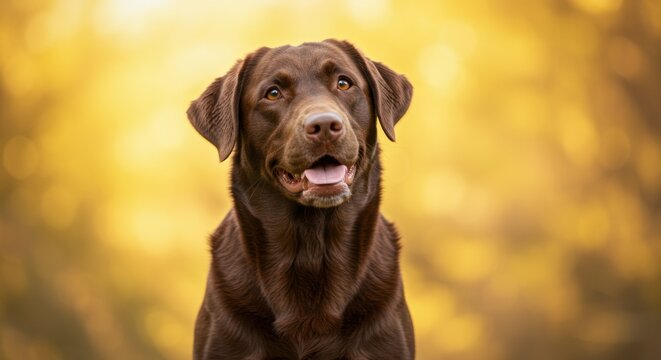 Happy Chocolate Labrador Dog Portrait in Golden Light