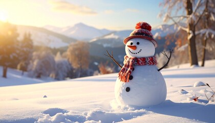 Obraz premium Snowman with top hat, red scarf, carrot nose, and branch arms in sunlit snowy forest—symbolizing joy, nostalgia, and the wintry choreography of warmth and seasonal whimsy.