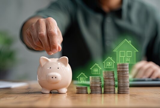 Hand placing coin into piggy bank, stacks of coins with house icons, showing savings for a home
