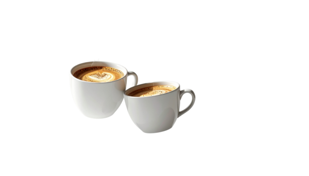 Pair of hot coffee cups with rising steam isolated on transparent background