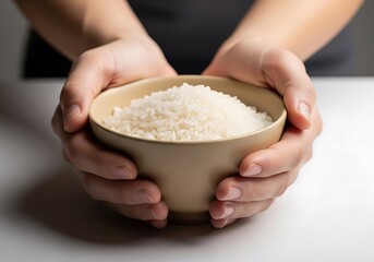 Human hands gently holding a bowl of white rice symbolizing offering and nutrition delicate focus food photography