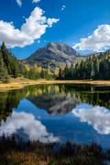 Mountain Lake Reflection Autumn Colors Blue Sky Clouds
