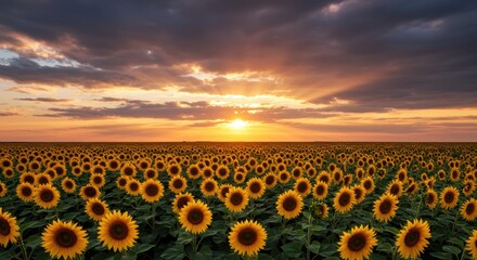 Obraz premium Golden Sunset Over Vast Sunflower Field