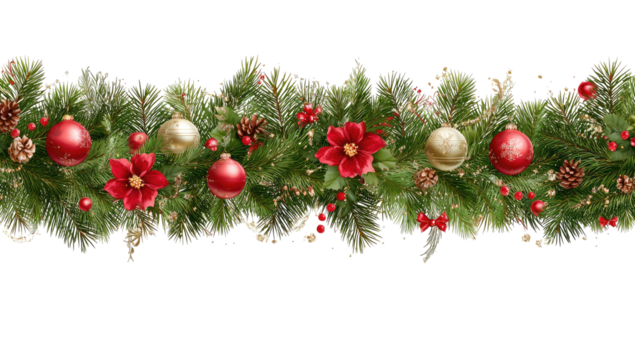 Festive Christmas garland with ornaments pine cones and red flowers.