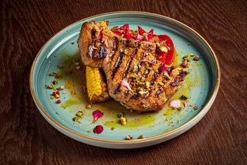 Grilled meat with fresh veggies and herbs, presented colorfully and appetizingly