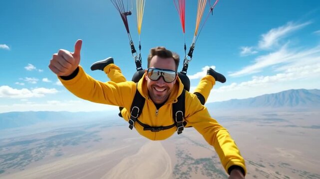 The image shows a man performing a parachute jump.