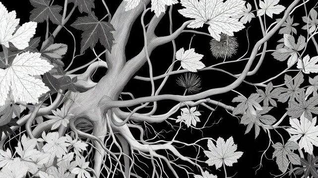 Monochrome maple branch and root network with detailed leaf cluster, tangled vine and spiky seed pod intricate botanical linework