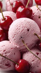 Close-up of several scoops of pink ice cream nestled amongst fresh, ripe cherries.  The image emphasizes the creamy texture and vibrant colors of both the dessert and fruit