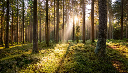Fototapeta premium Sunbeams Filtering Through Tall Pine Trees In A Dense Forest Creating A Magical Atmosphere With Rays Of Light Illuminating The Undergrowth And A Sense Of Peaceful Tranquility