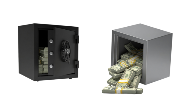 Pair of secure cash safes isolated on transparent background