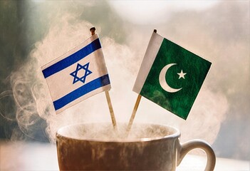 Israeli and Pakistani Mini Flags in Steaming Coffee Cup Warm Morning Light Peace Talk Theme