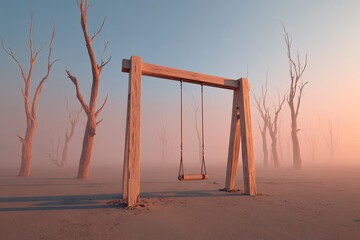 Empty swing in a desolate, misty desert.  Bare trees, pale sunlight