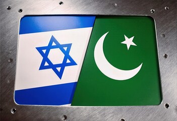 Israeli and Pakistani Flags on Brushed Steel Plaque with Rivets Industrial Metal Texture Background
