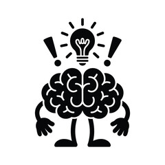 Cartoon brain character with a bright idea and exclamation marks