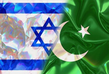 Israeli and Pakistani Flags in Holographic Foil Panels Overlapping with Prism Glints Futuristic Background