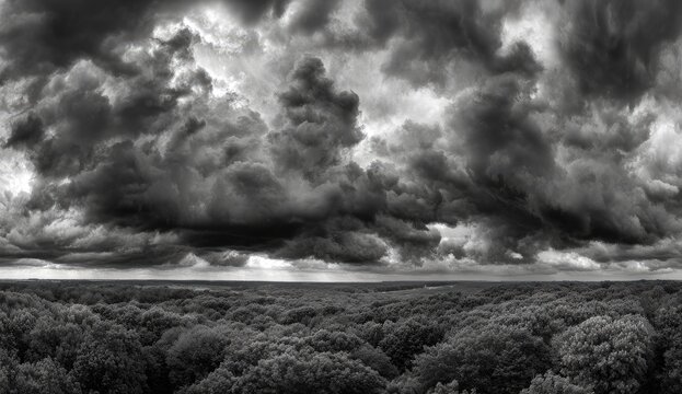 Dramatic black and white panorama of a vast forest landscape under a stormy sky