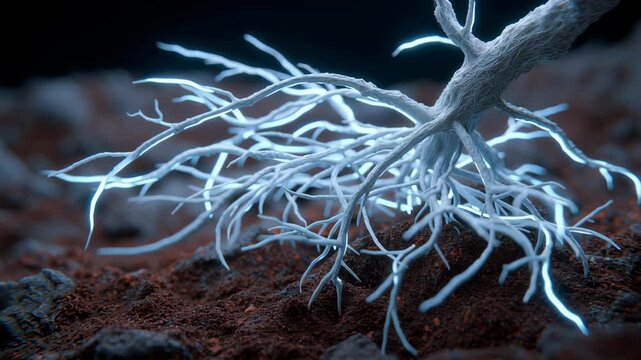 Underground roots concept ,Glowing root network bioluminescent filament underground rocky soil with blue light, ethereal organic