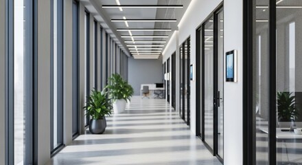 Obraz premium Modern Minimalist Long Office Hallway with Plant Decoration Perspective View
