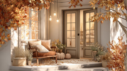 Cozy autumn porch decorated with pumpkin, flowers, and warm lighting, showcasing seasonal vibes in soft natural tones