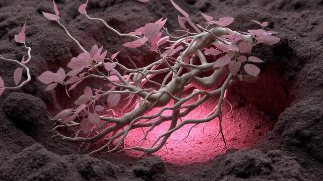 Underground roots concept ,pink root system glowing light above soil with delicate leaf organic texture and glowing pink root