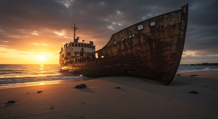 Fototapeta premium Rusty shipwreck on beach at sunset