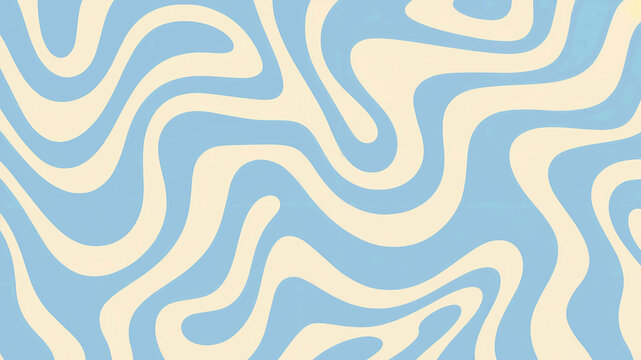 Retro swirl pattern in blue and cream colors with groovy and abstract wavy design