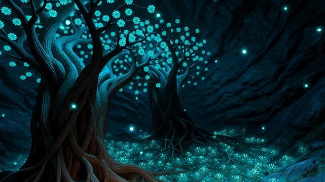 Underground roots concept ,glowing tree root cave bioluminescent mushroom floor fantasy underground grove enchanted forest scene
