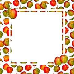 A frame with watercolor red and green apples and leaves on a white background with a blank center for text or an image.