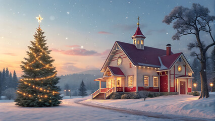 Charming Christmas Church and Decorated Tree in a Snowy Winter Landscape at Dawn image stock Full HD 4K Video Download 2025 2026