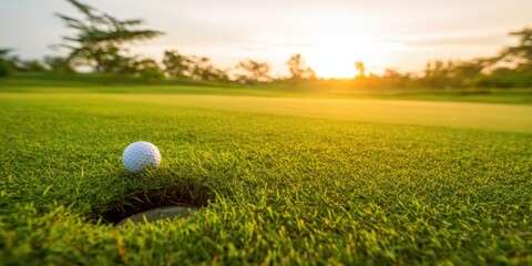 Golf ball nearing hole on green during sunset