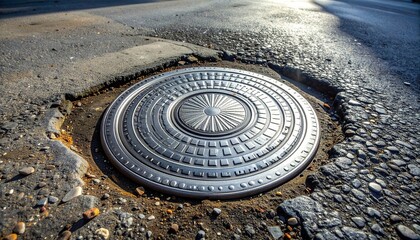 Circular metal drain cover with radial grid embedded in asphalt, weeds sprouting nearby&mdash;symbolizing containment, emergence, and the urban choreography of flow and resistance.