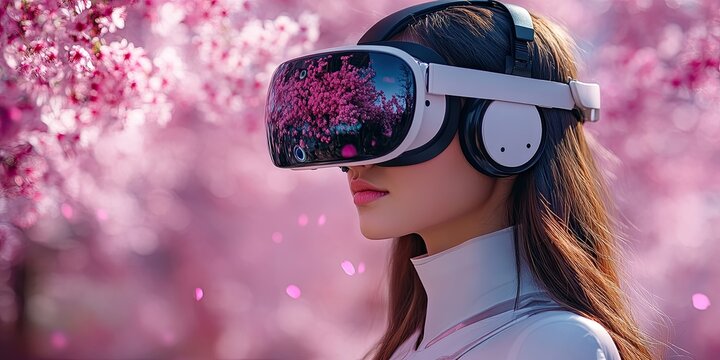 Woman Experiencing Virtual Reality Amidst Cherry Blossoms - Powered by Adobe