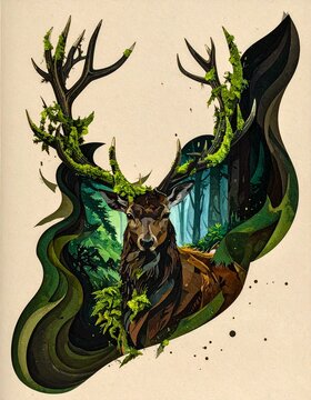 A stylized graphic illustration of a forest spirit with bold antlers and mossy textures, high-contrast colors, surrounded by simplified swirling fog shapes.