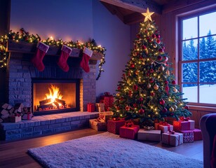 Warm Cozy Living Room with Christmas Tree, Fireplace, and Holiday Decorations