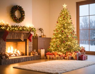 Warm Cozy Living Room with Christmas Tree, Fireplace, and Holiday Decorations