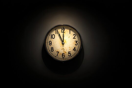 A vintage-style clock, face illuminated by a focused light source, shows a precise time in a dark room