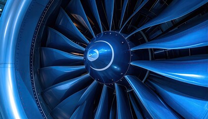 Close-up view of a large, powerful turbofan engine with numerous, sleek, blue blades, showcasing intricate details and a metallic sheen