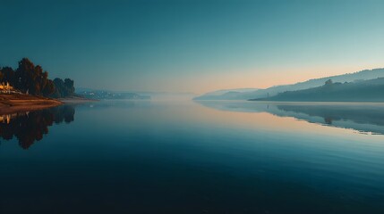 Fototapeta premium Serene and minimalist landscape photograph of a vast, calm lake on a hazy morning. The distant shorelines are barely visible, creating a peaceful mood.