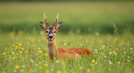 Roe Deer Buck in Wildflower Meadow