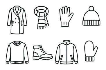 Winter clothing icons: coat, scarf, gloves, hat, boots, jacket, sweater, mittens