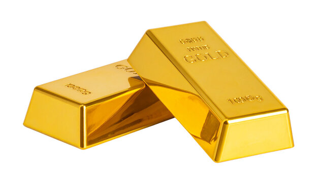  Two gold bar pile arrangements isolated on transparent background