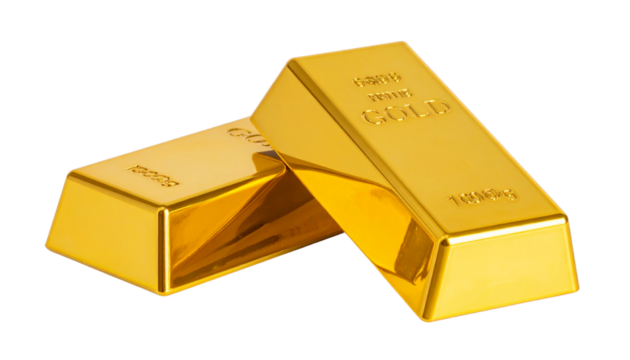 Two gold bar pile arrangements isolated on transparent background