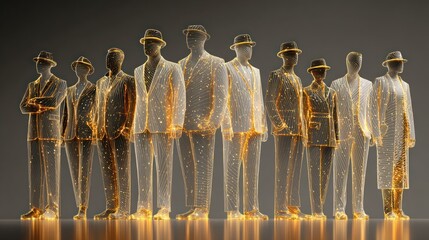 Luxury worker background, elegant composition of workers in clean uniforms with golden light highlights, abstract metallic textures, dark premium gradient backdrop, futuristic professional aesthetic.