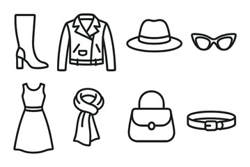 Fashion accessories icons set featuring clothing, hat, sunglasses, and bag