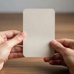 Presenting a blank card: Hands holding a neutral, rounded rectangle on wooden surface simplicity and focus