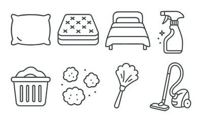 Icons of bed cleaning essentials: pillow, mattress, bed, spray, laundry, dust, duster, vacuum