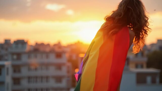 Woman holding rainbow flag, symbol of pride and equality, with city skyline at sunset. Rainbow flag drapes over woman's shoulder, celebrating inclusivity and freedom.