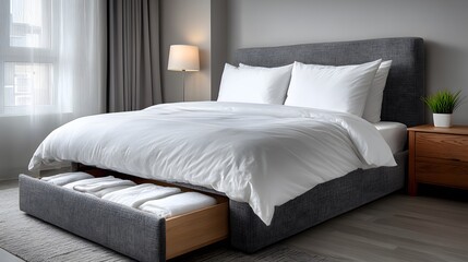 Obraz premium Serene, minimalist bedroom features a neatly made grey bed. One open under-bed storage drawer reveals perfectly organized and clean white linens inside.